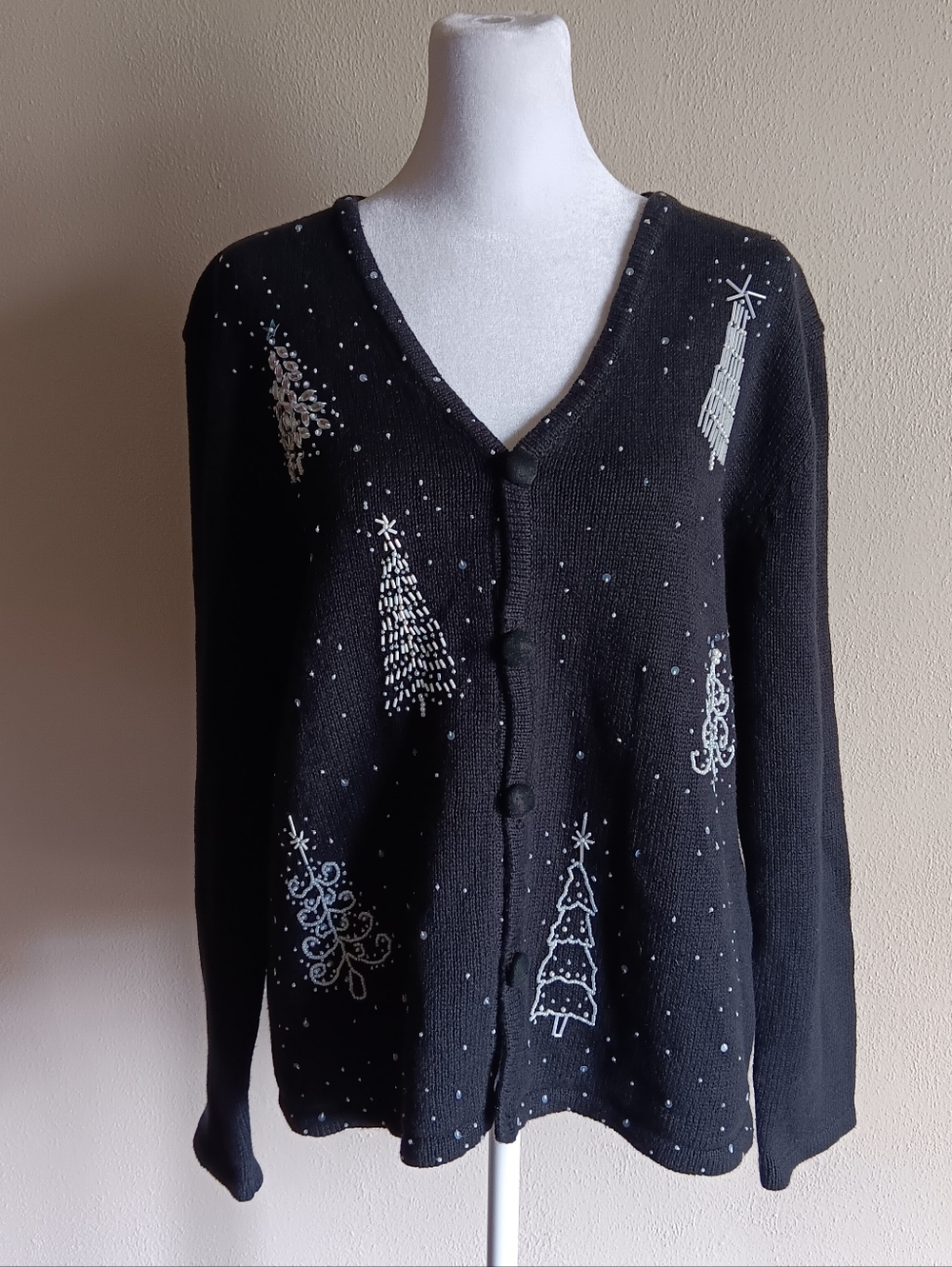 Vintage Black Beaded Holiday Tree Cardigan, Studio Joy Large, 90s Era Christmas